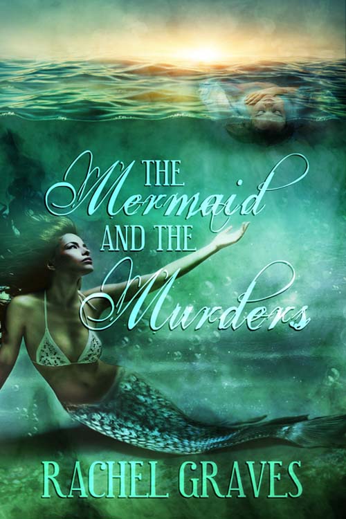 A mermaid rests on the bottom of the ocean, stretching her hand out toward a dead body floating on the waves.