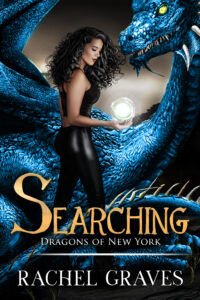 A woman stands in front of a blue scaled dragon holding a ball of magic